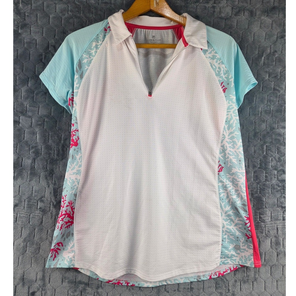 Bette & Court Womens XL Golf Polo Shirt White Aqua Pink Coral Print 1/4 Zip Top